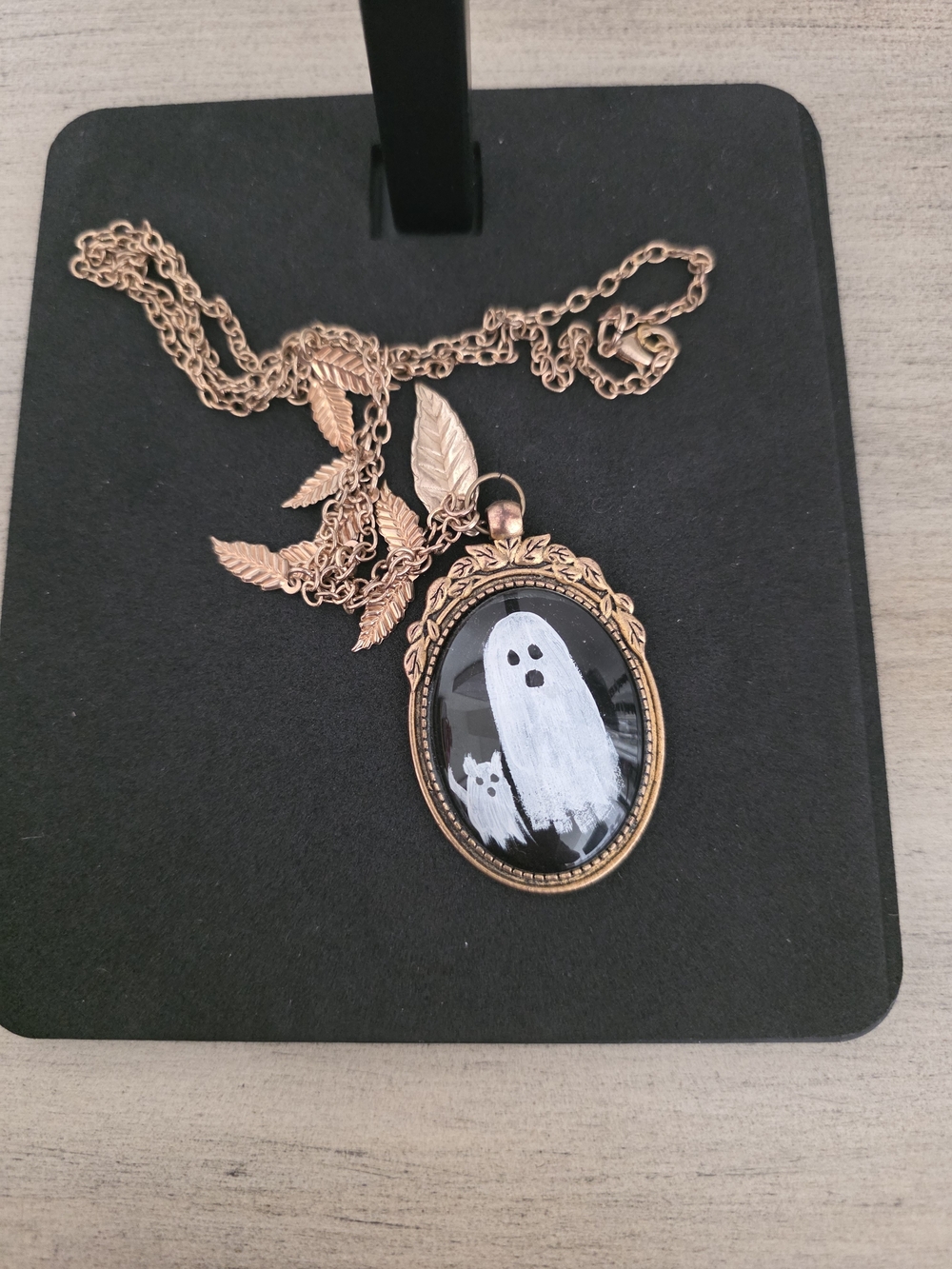 Antique Gold Ghost Pendant Necklace White Ghost Design - Picture 6 of 8